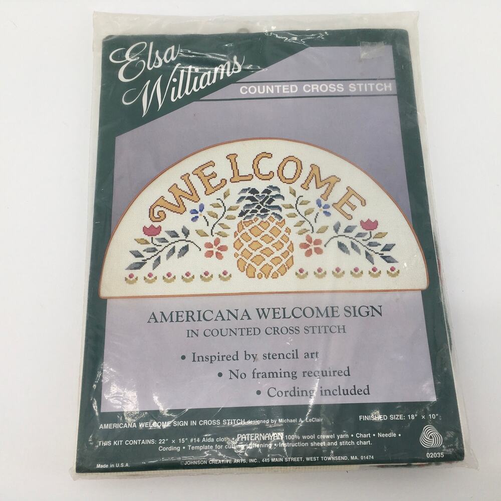 VTG Elsa Williams Americana Welcome Sign Pineapple Counted Cross Stitch Kit